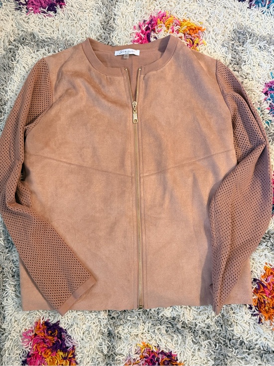 Sioni Jackets & Blazers - Sioni Tan Perforated-Sleeve Leather Sweater jacket